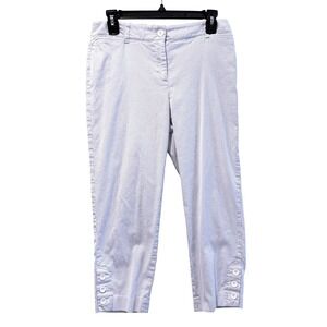 Talbots Perfect Crop Pants Womens 4P Blue White Striped‎ Button Hem Capri